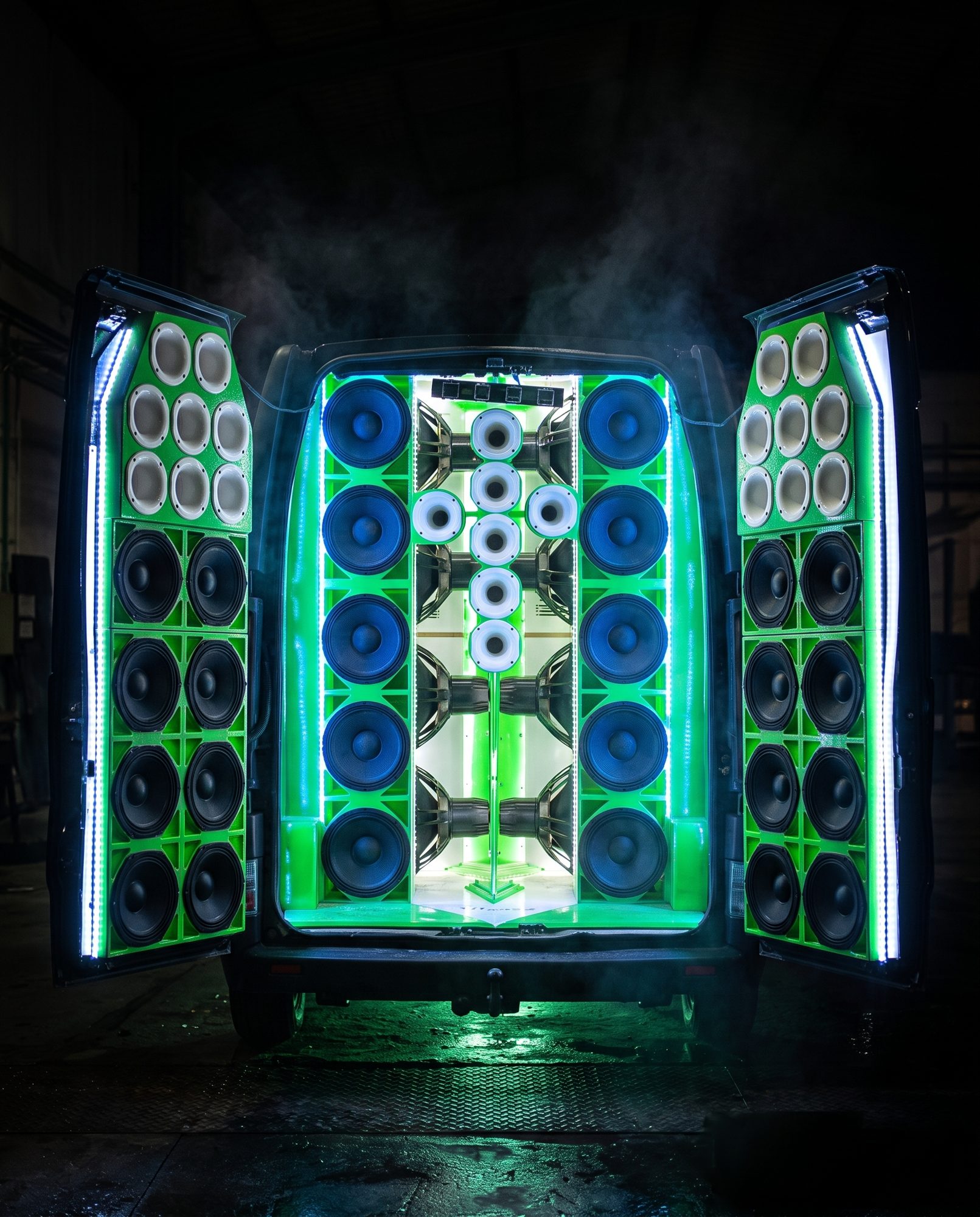 Equipo de sonido de la furgoneta iluminado en verde